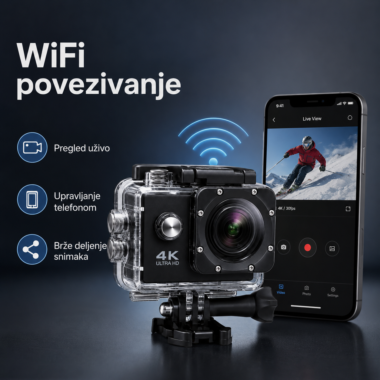 Gorilla ActionCam 4K – WiFi akciona kamera sa vodootpornim kućištem