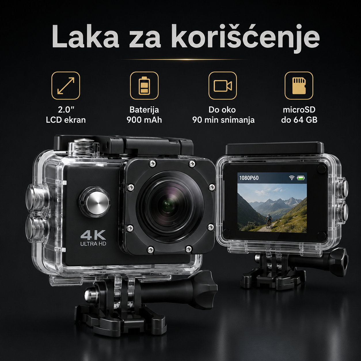 Gorilla ActionCam 4K – WiFi akciona kamera sa vodootpornim kućištem