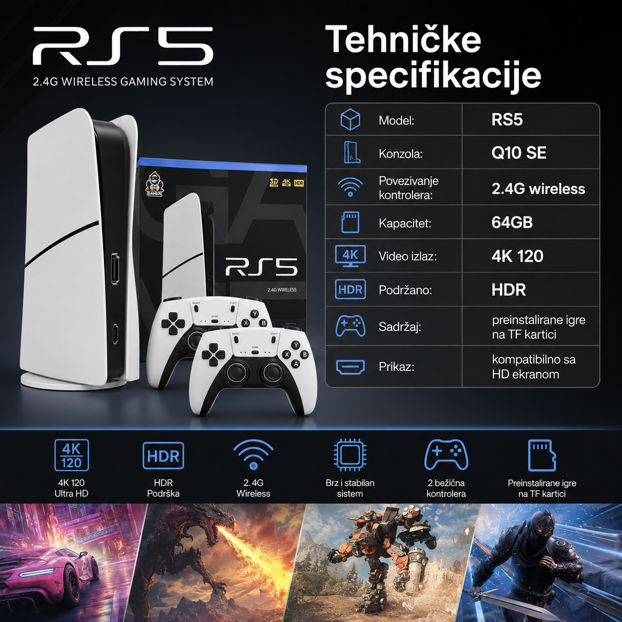RS5 NovaPlay 64GB – TV gaming konzola sa 2 bežična kontrolera