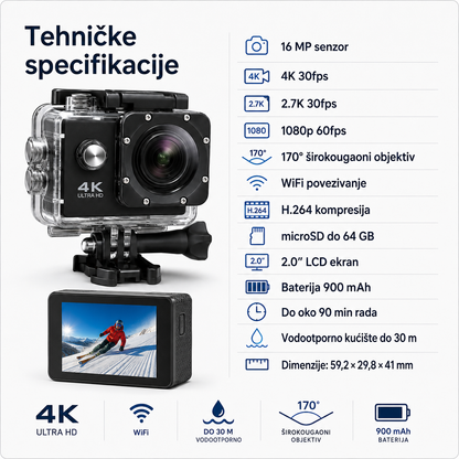 Gorilla ActionCam 4K – WiFi akciona kamera sa vodootpornim kućištem